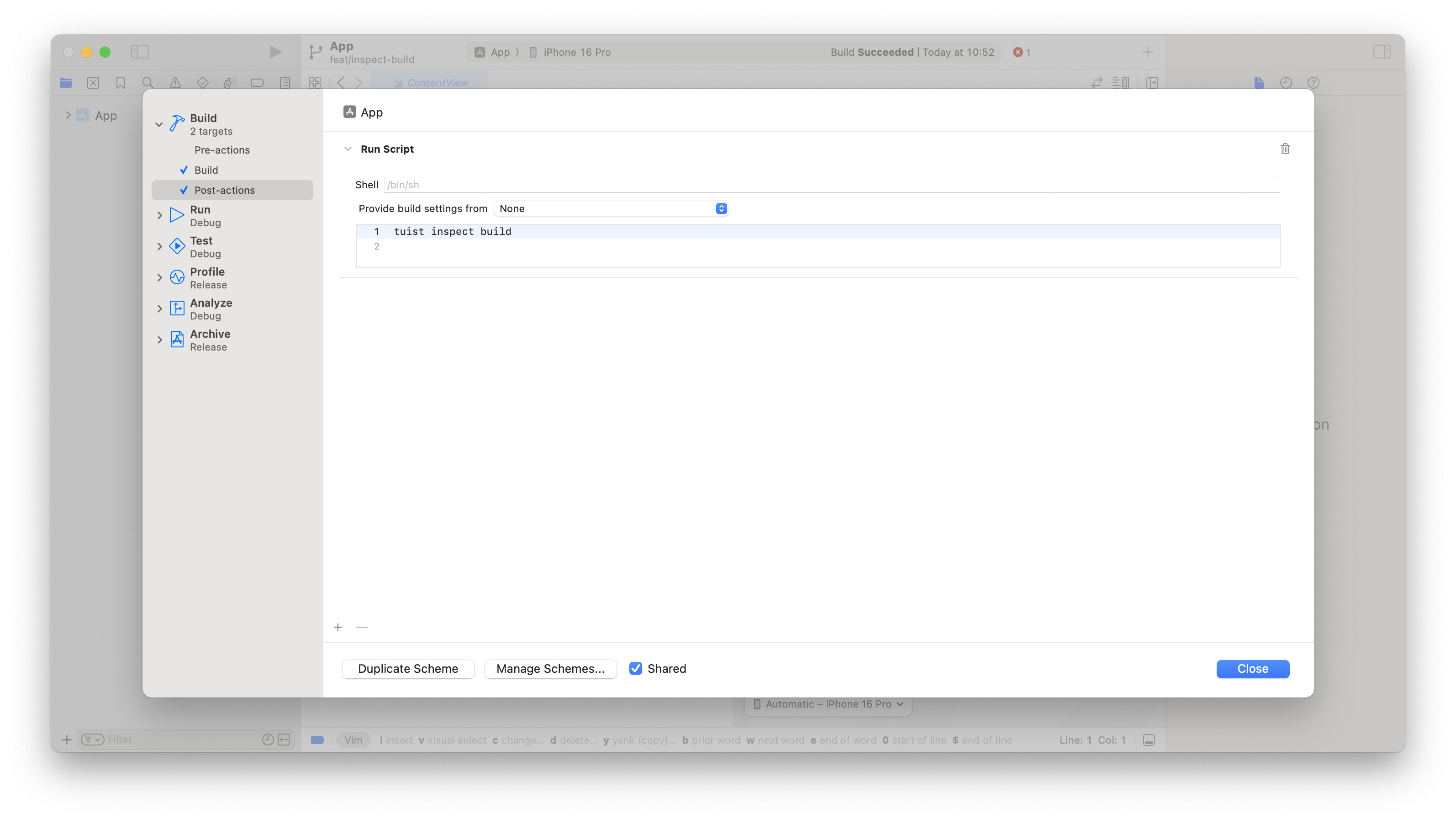 Screenshot of how to set up an Xcode post action for build insights