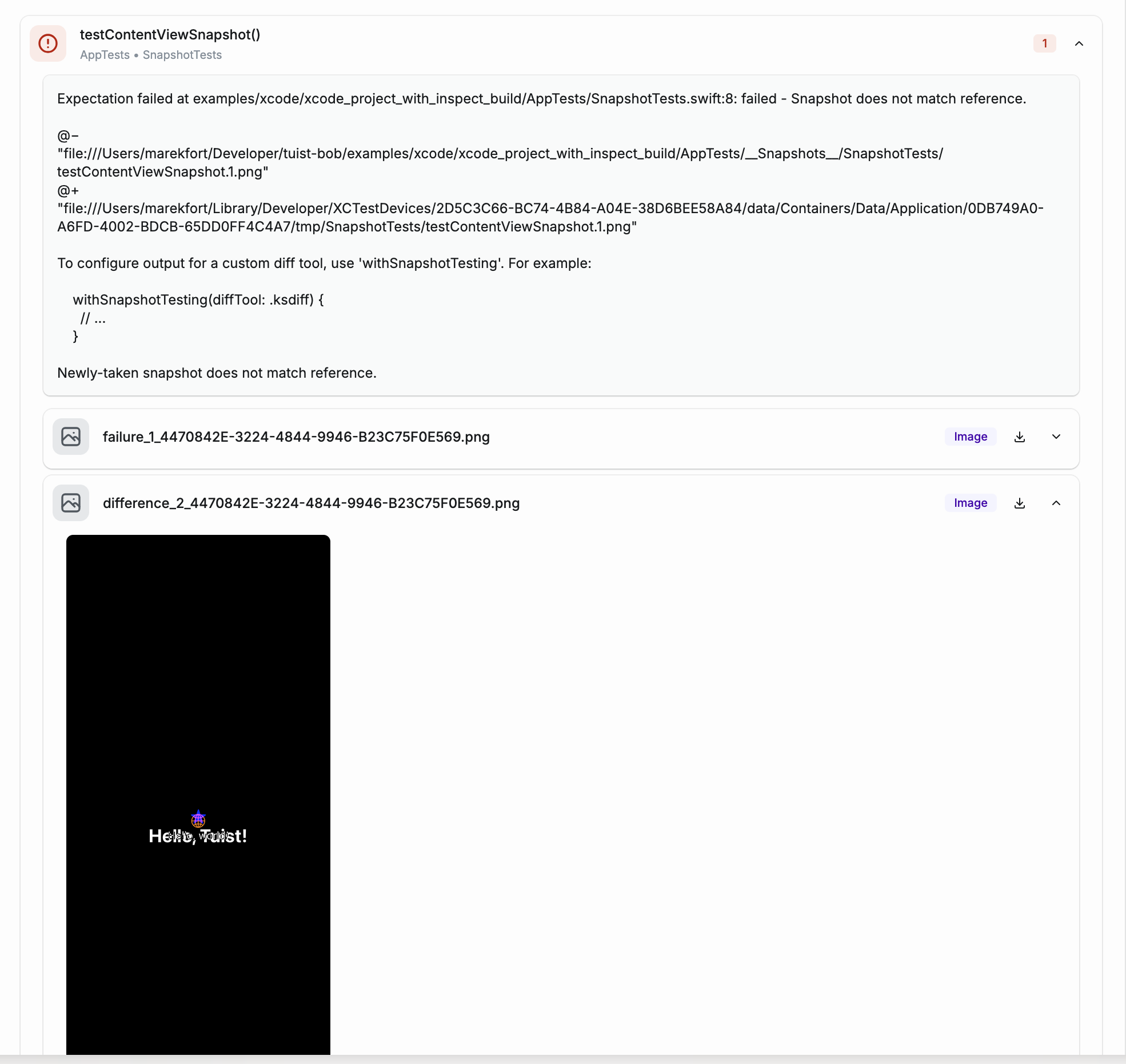 Test case run detail page showing image attachments from a snapshot test failure